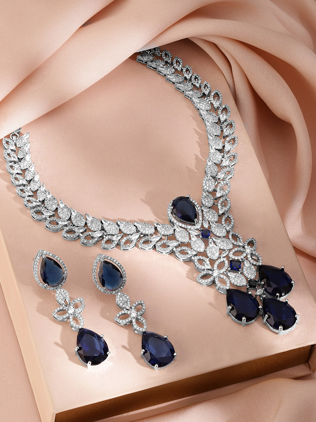 American Diamond Zirconia Blue Floral Necklace Set Silver