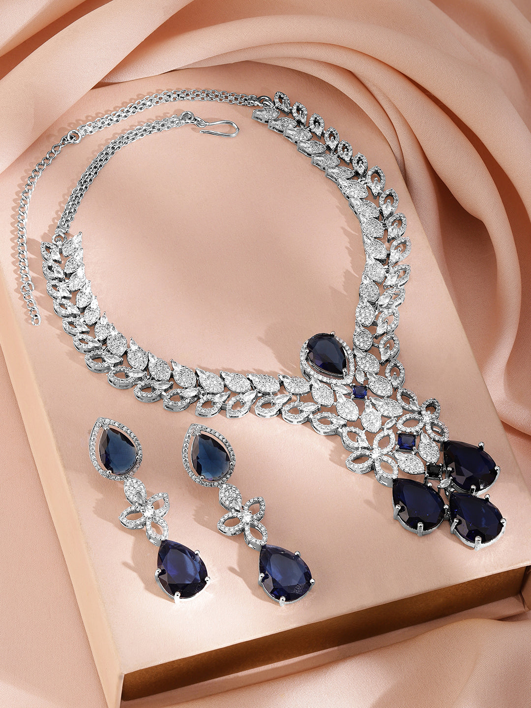 American Diamond Zirconia Blue Floral Necklace Set Silver