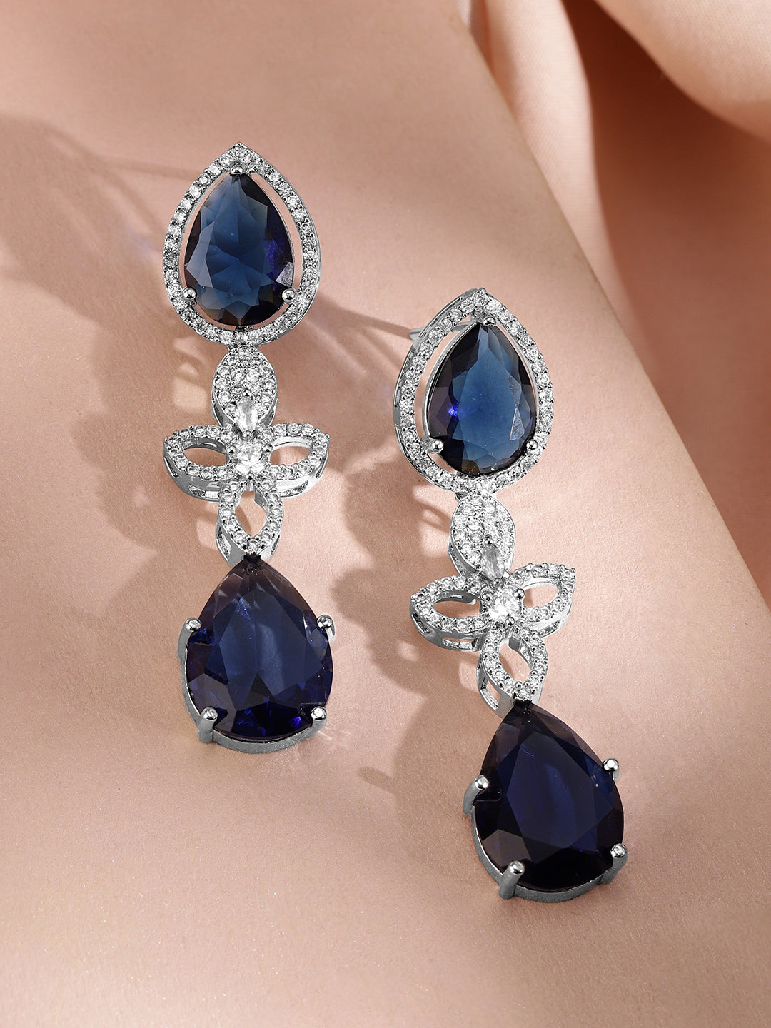 American Diamond Zirconia Blue Floral Necklace Set Silver