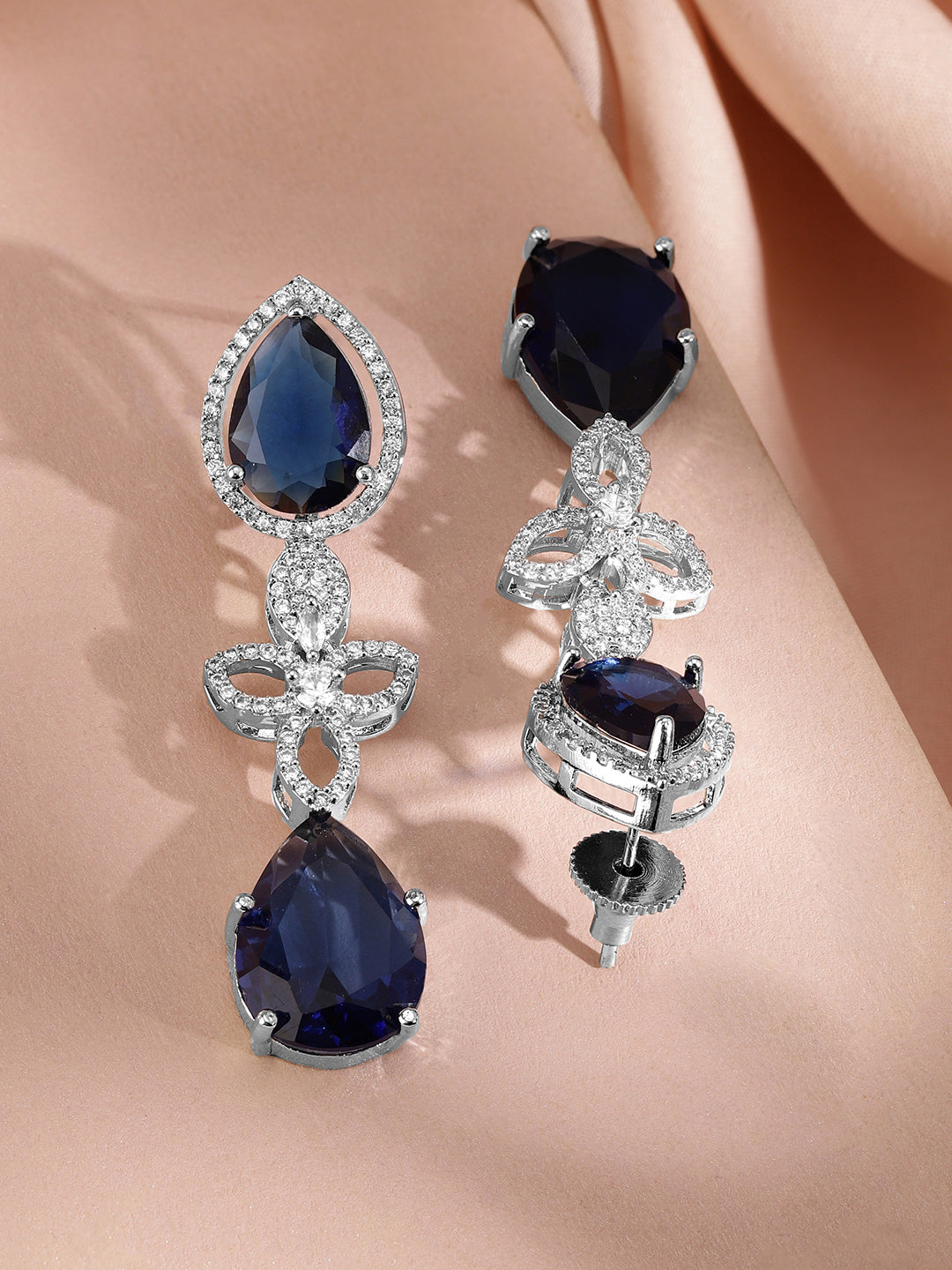American Diamond Zirconia Blue Floral Necklace Set Silver