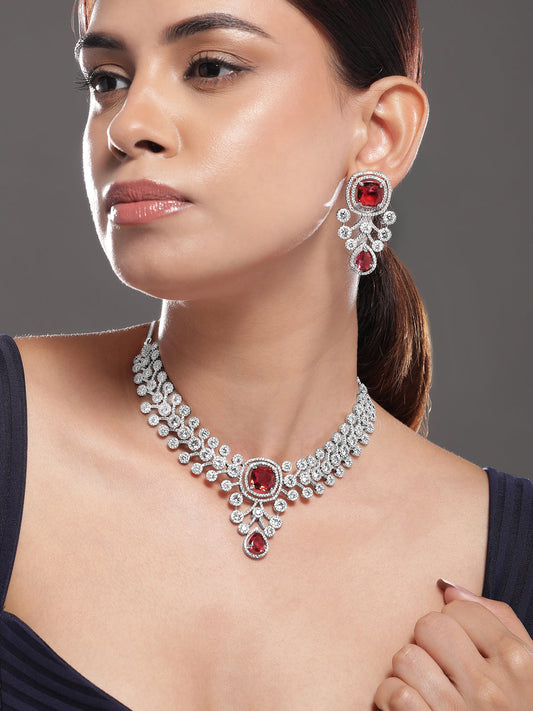 American Diamond Zirconia Red Accented Necklace Set Silver