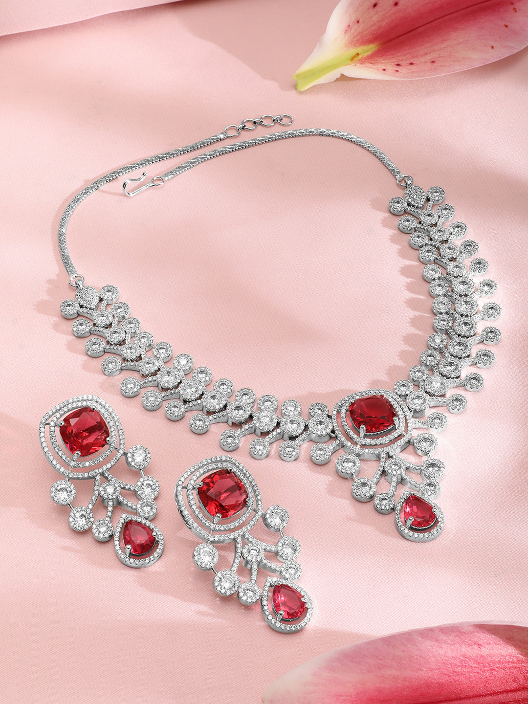 American Diamond Zirconia Red Accented Necklace Set Silver