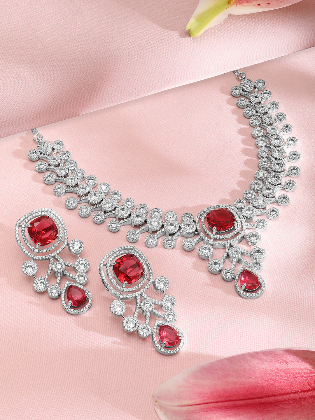 American Diamond Zirconia Red Accented Necklace Set Silver