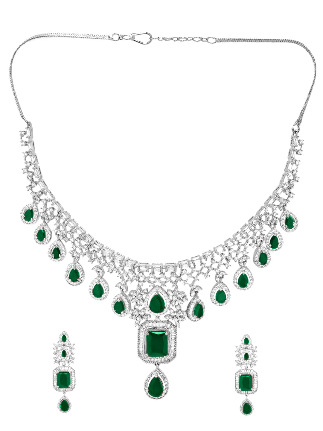 Green American Diamond Zirconia Studded Necklace Set Silver