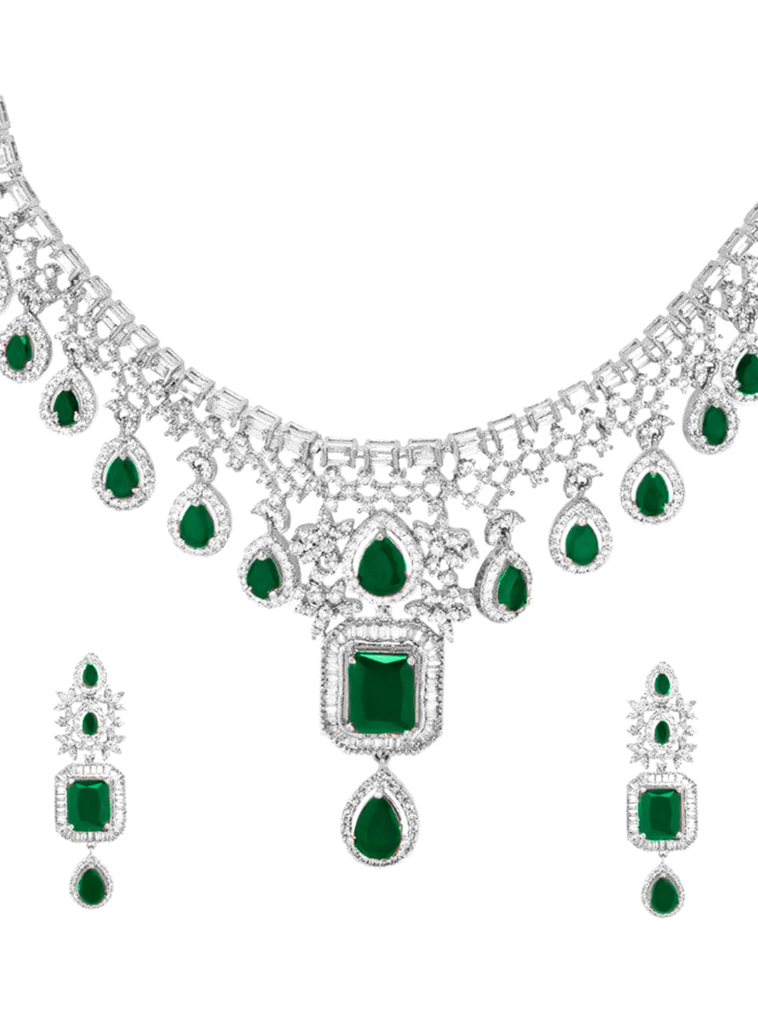 Green American Diamond Zirconia Studded Necklace Set Silver