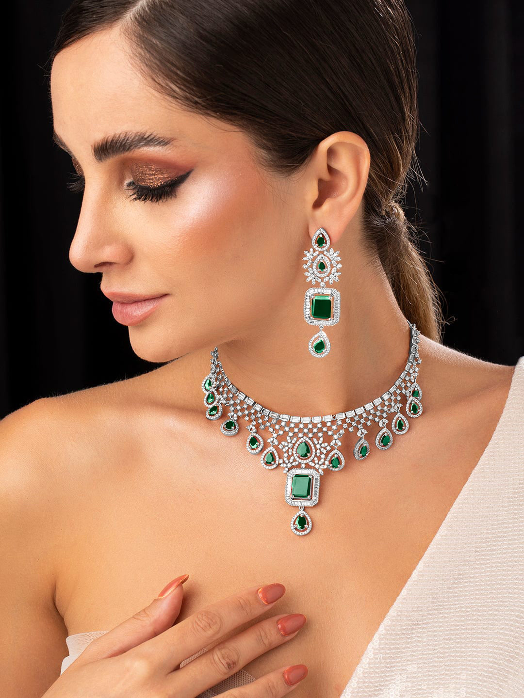 Green American Diamond Zirconia Studded Necklace Set Silver