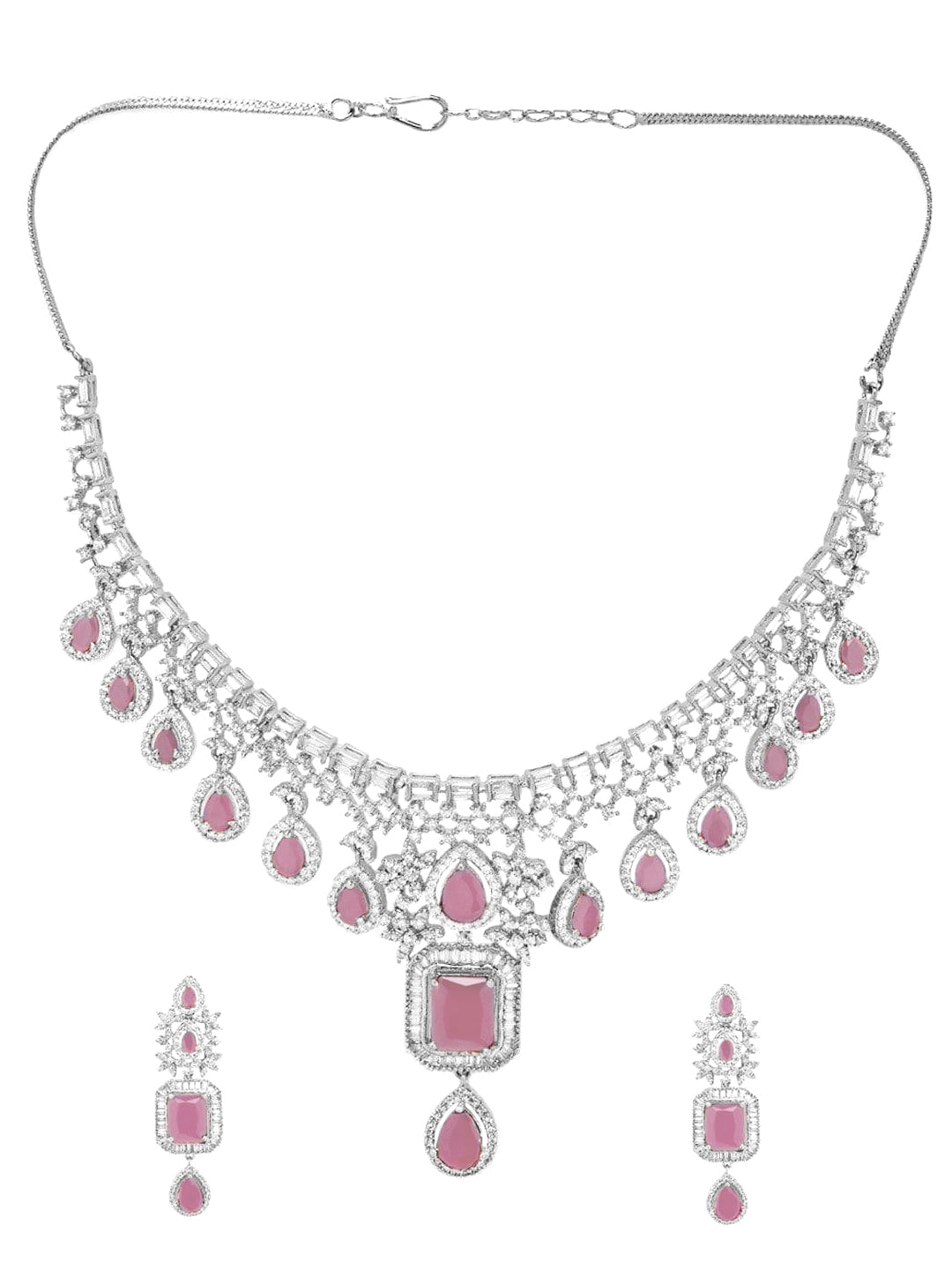 American Diamond Zirconia Pink Teardrop Necklace Set Pink