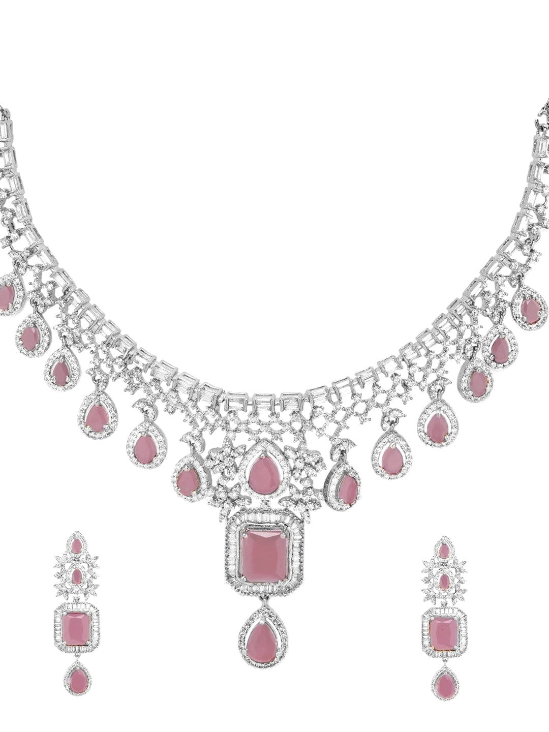 American Diamond Zirconia Pink Teardrop Necklace Set Pink