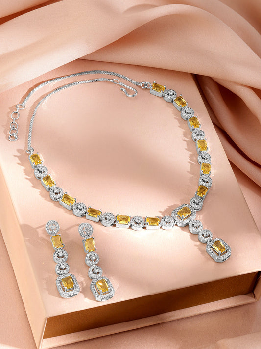 Citrine Studded American Diamond Zirconia Necklace Set Yellow