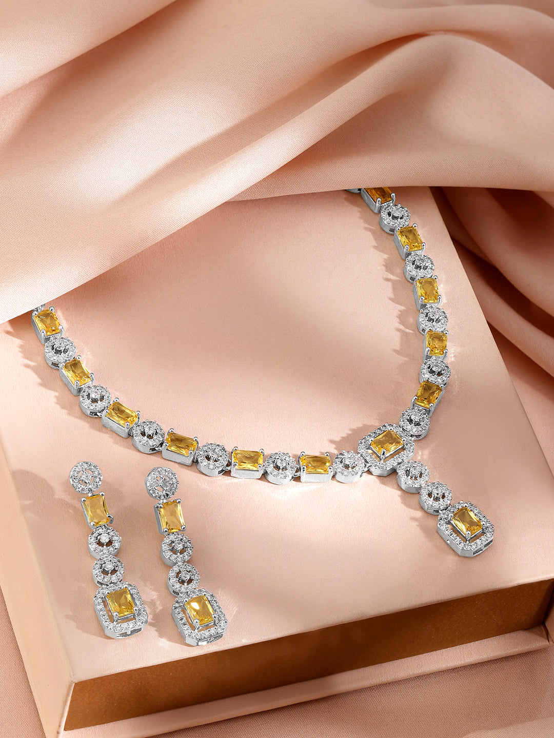 Citrine Studded American Diamond Zirconia Necklace Set Yellow