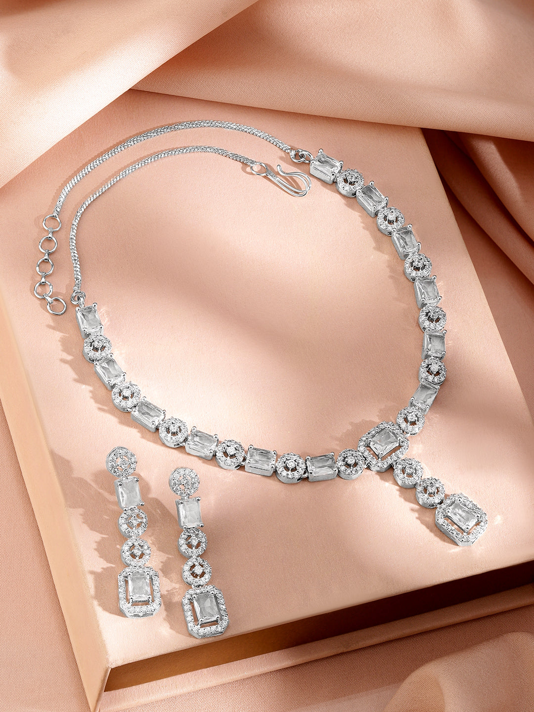 White Cubic American Diamond Zirconia Necklace Set Silver