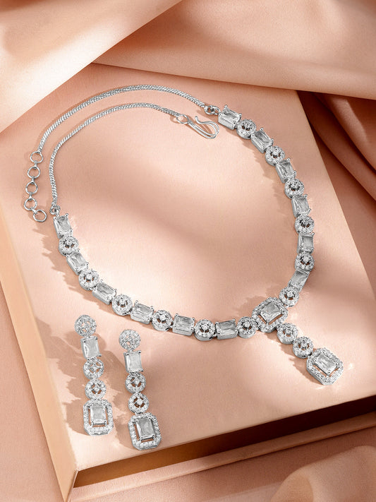 White Cubic American Diamond Zirconia Necklace Set Silver
