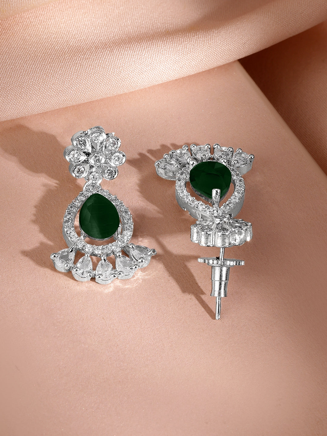 American Diamond Zirconia Emerald Floral Necklace Set Green