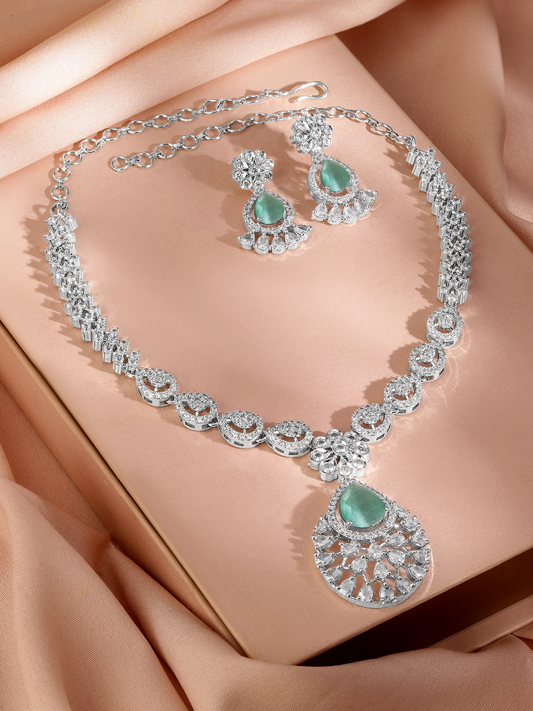 American Diamond Zirconia Green Accented Necklace Set Pastel Green