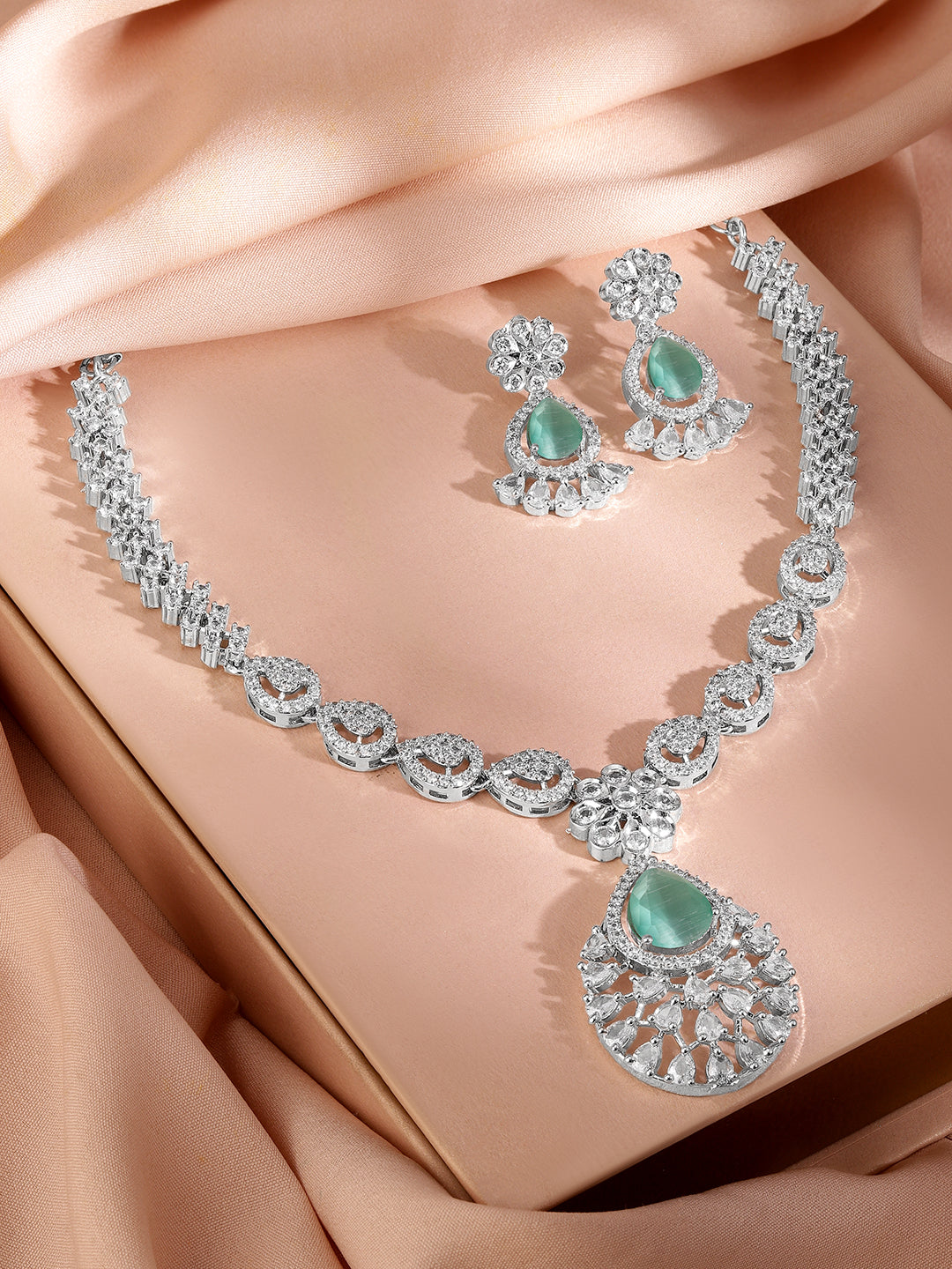 American Diamond Zirconia Green Accented Necklace Set Pastel Green
