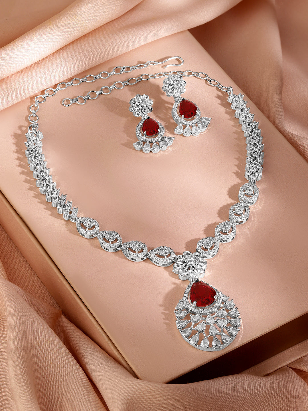 American Diamond Zirconia Red Necklace Set Ruby Red