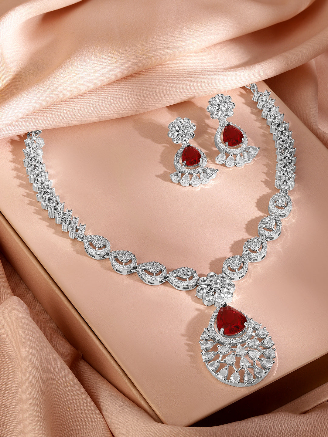American Diamond Zirconia Red Necklace Set Ruby Red