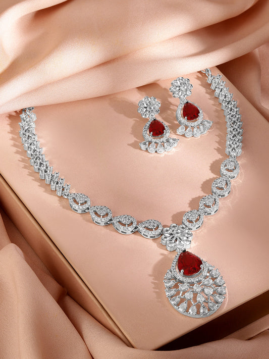 American Diamond Zirconia Red Necklace Set Ruby Red