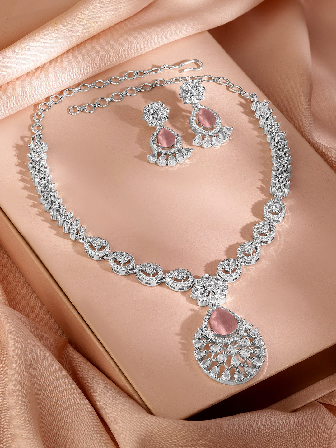 Pink American Diamond Zirconia Necklace Set Pastel Pink