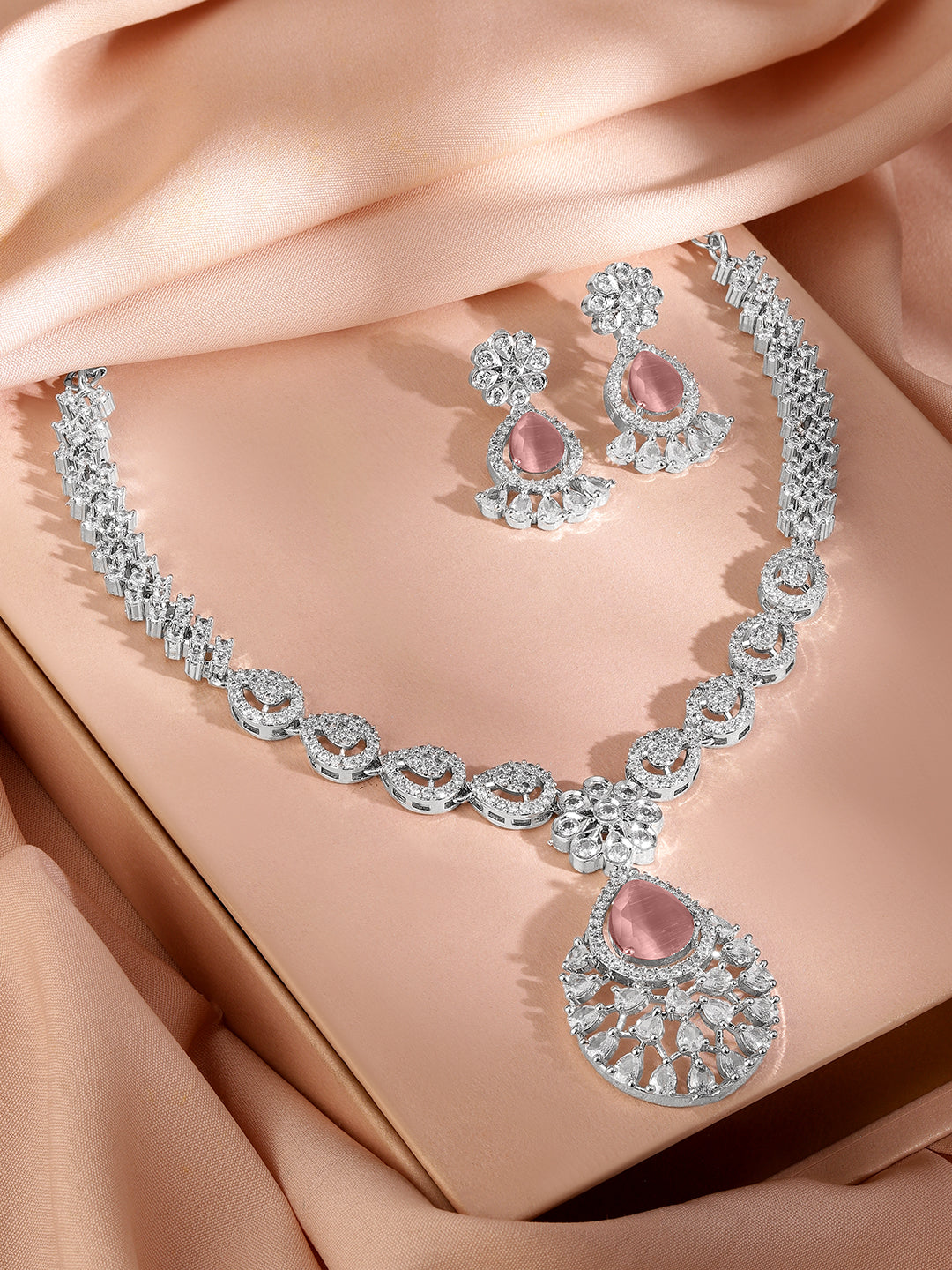 Pink American Diamond Zirconia Necklace Set Pastel Pink