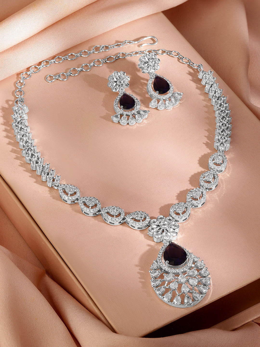 American Diamond Zirconia Black Accented Necklace Set Black