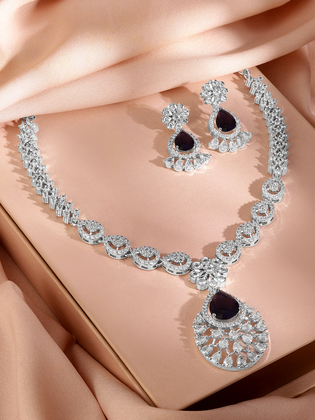 American Diamond Zirconia Black Accented Necklace Set Black