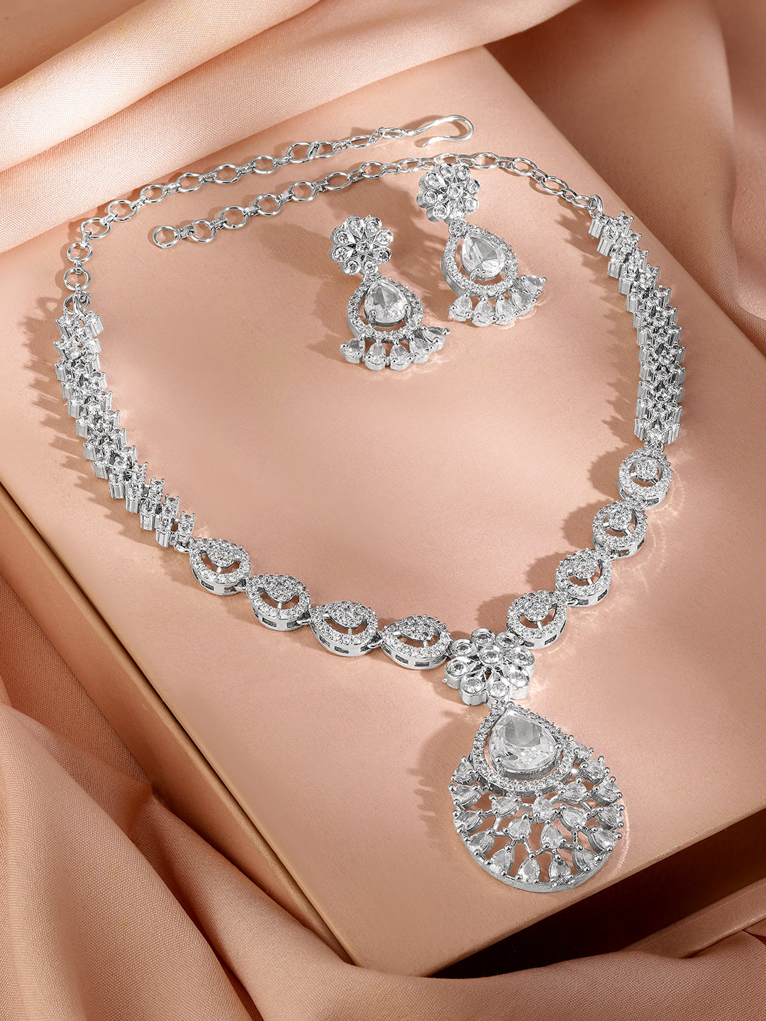 American Diamond Zirconia White Necklace Set Silver
