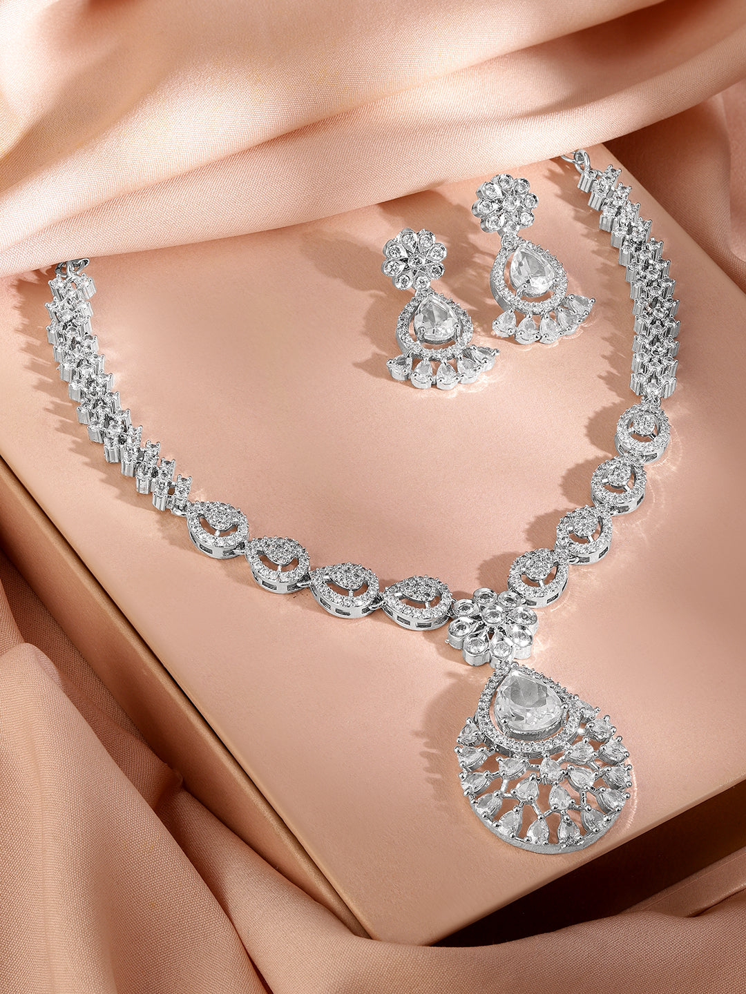 American Diamond Zirconia White Necklace Set Silver