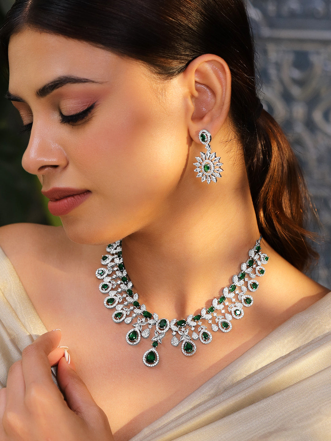 American Diamond Zirconia Green Teardrop Necklace Set フリーサイズ
