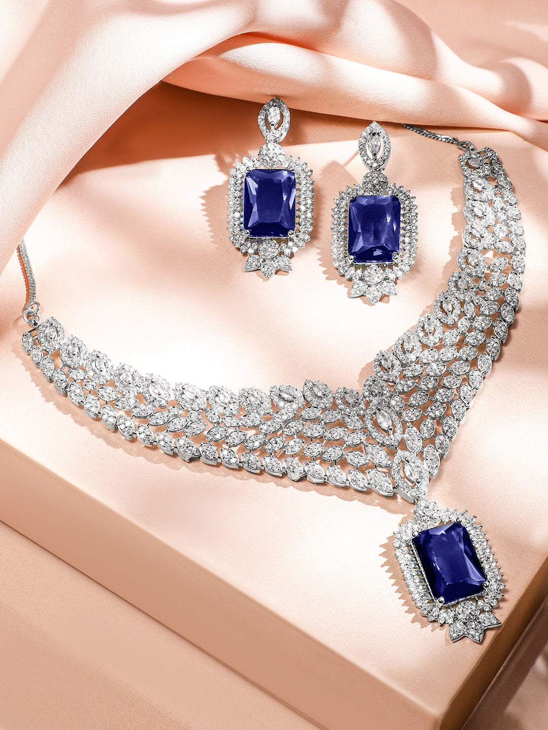 Blue American Diamond Zirconia Short Necklace Set Blue