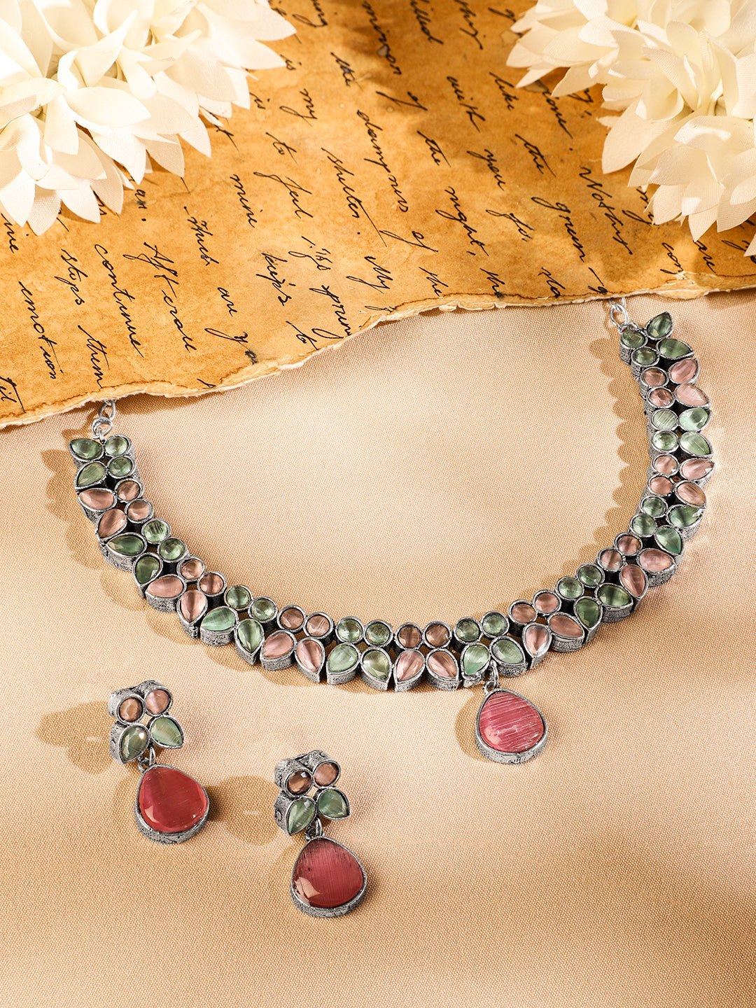 Pink & Green Studded Necklace Set フリーサイズ