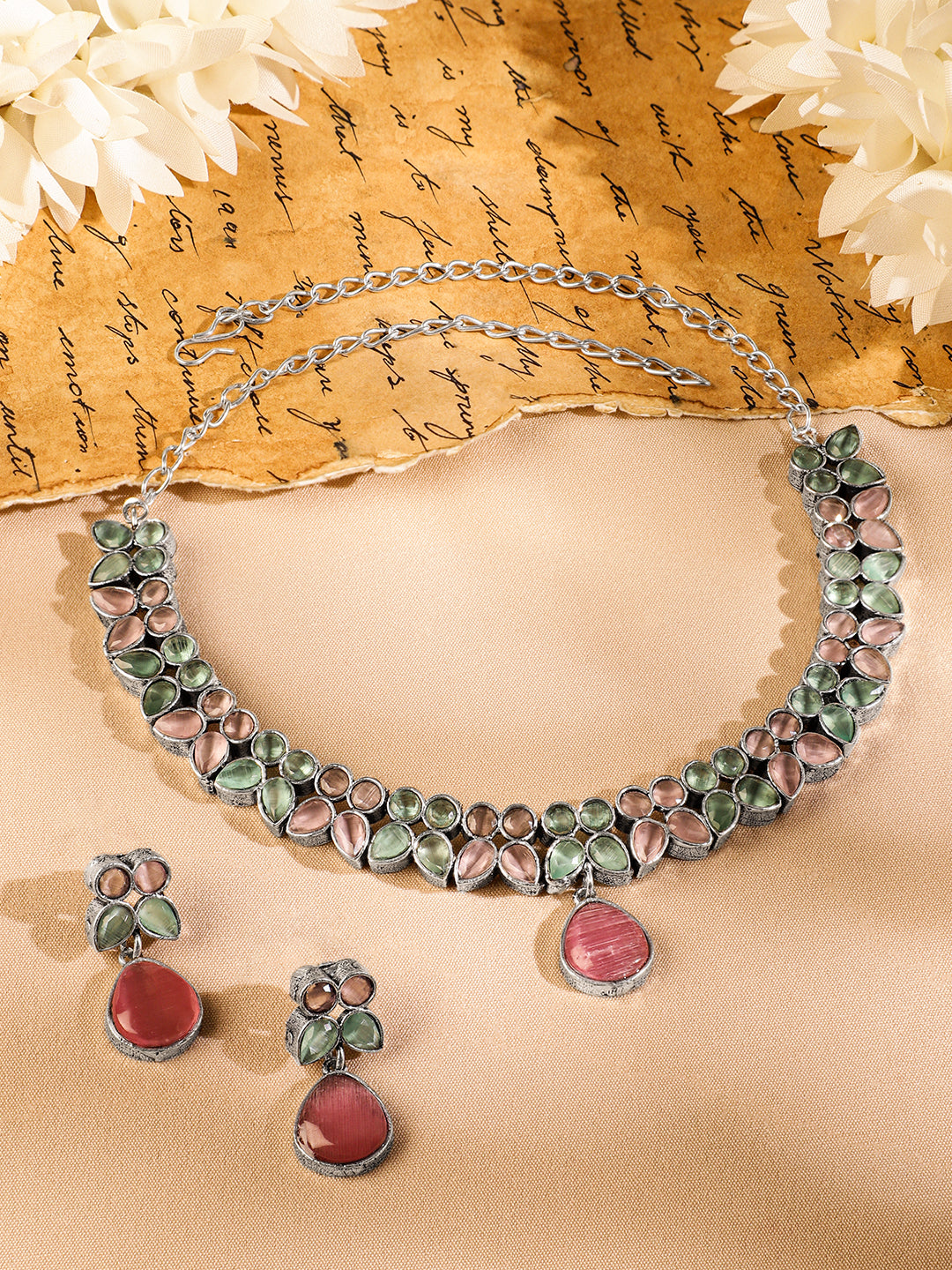 Pink & Green Studded Necklace Set フリーサイズ
