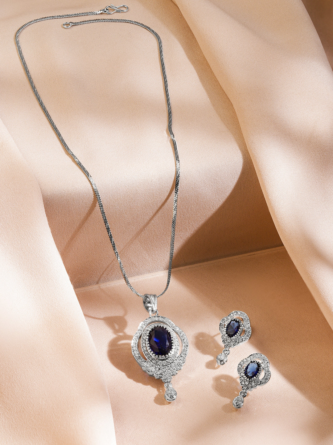 American Diamond Zirconia Necklace Set With Blue Sapphire フリーサイズ