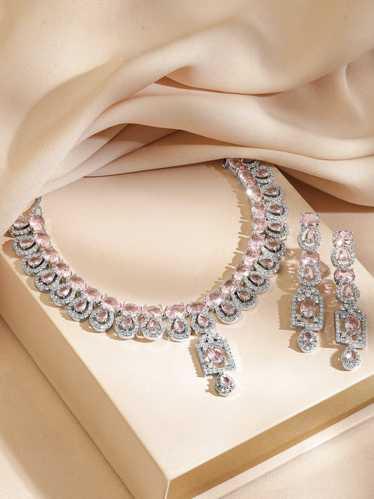 American Diamond Zirconia Teardrop Pink Necklace Set フリーサイズ