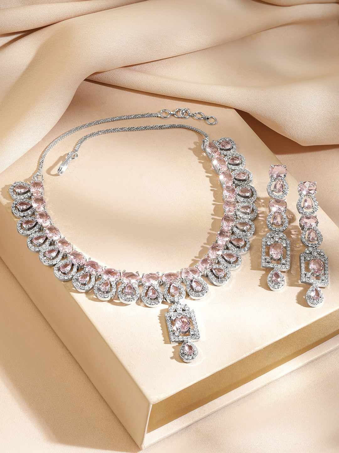 American Diamond Zirconia Teardrop Pink Necklace Set フリーサイズ