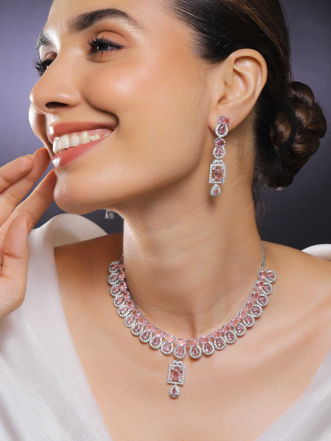American Diamond Zirconia Teardrop Pink Necklace Set フリーサイズ
