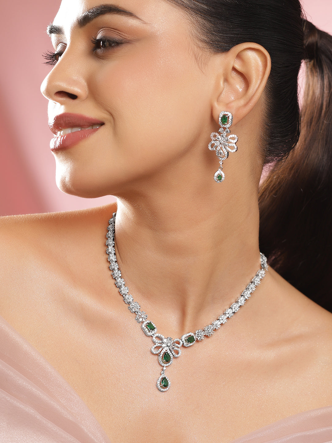 Green American Diamond Zirconia Floral Necklace Set フリーサイズ