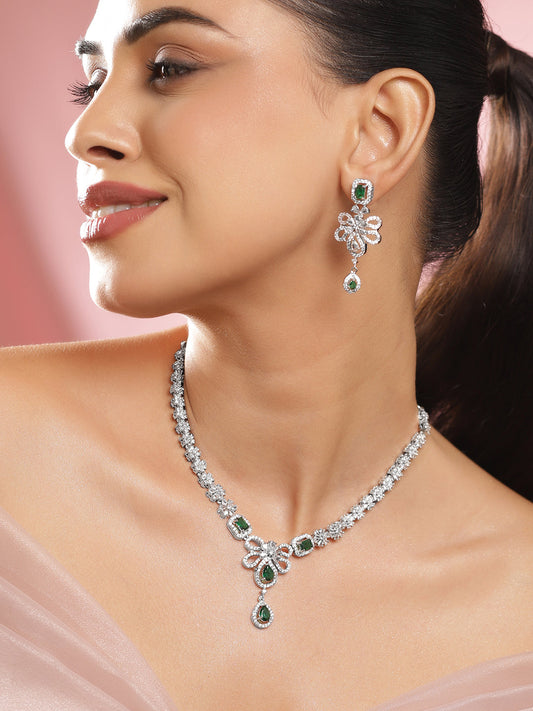 Green American Diamond Zirconia Floral Necklace Set フリーサイズ