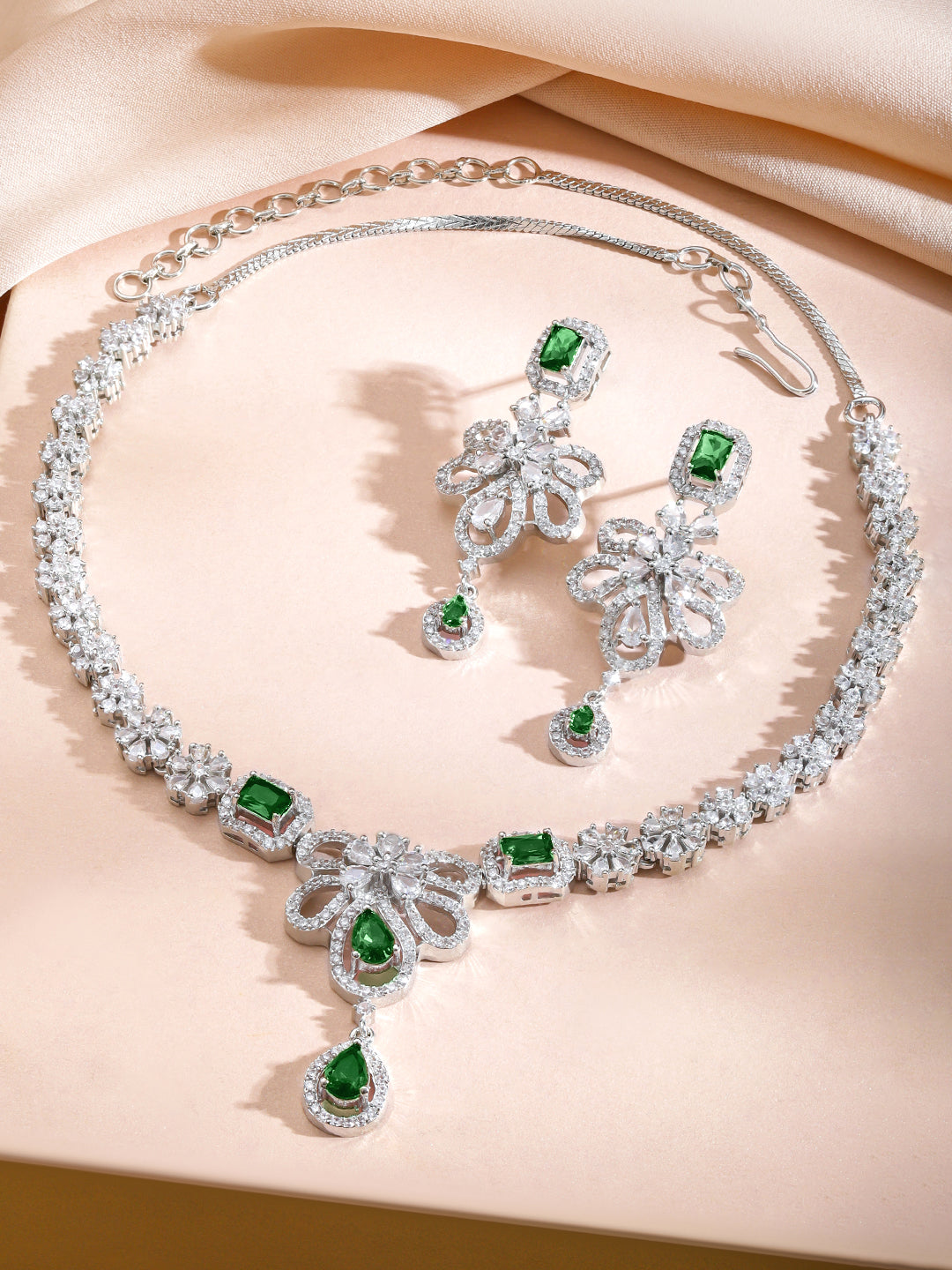 Green American Diamond Zirconia Floral Necklace Set フリーサイズ