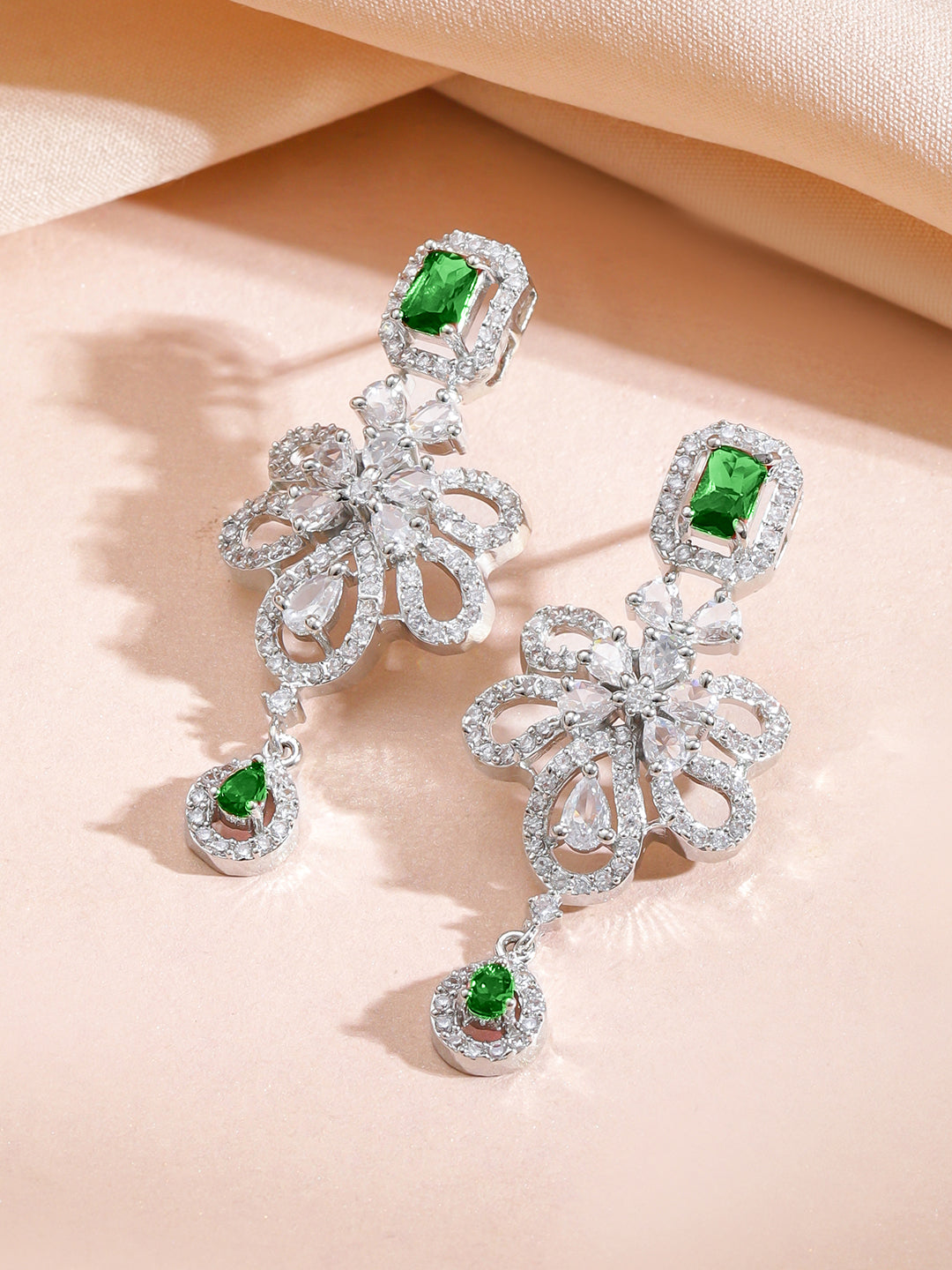 Green American Diamond Zirconia Floral Necklace Set フリーサイズ
