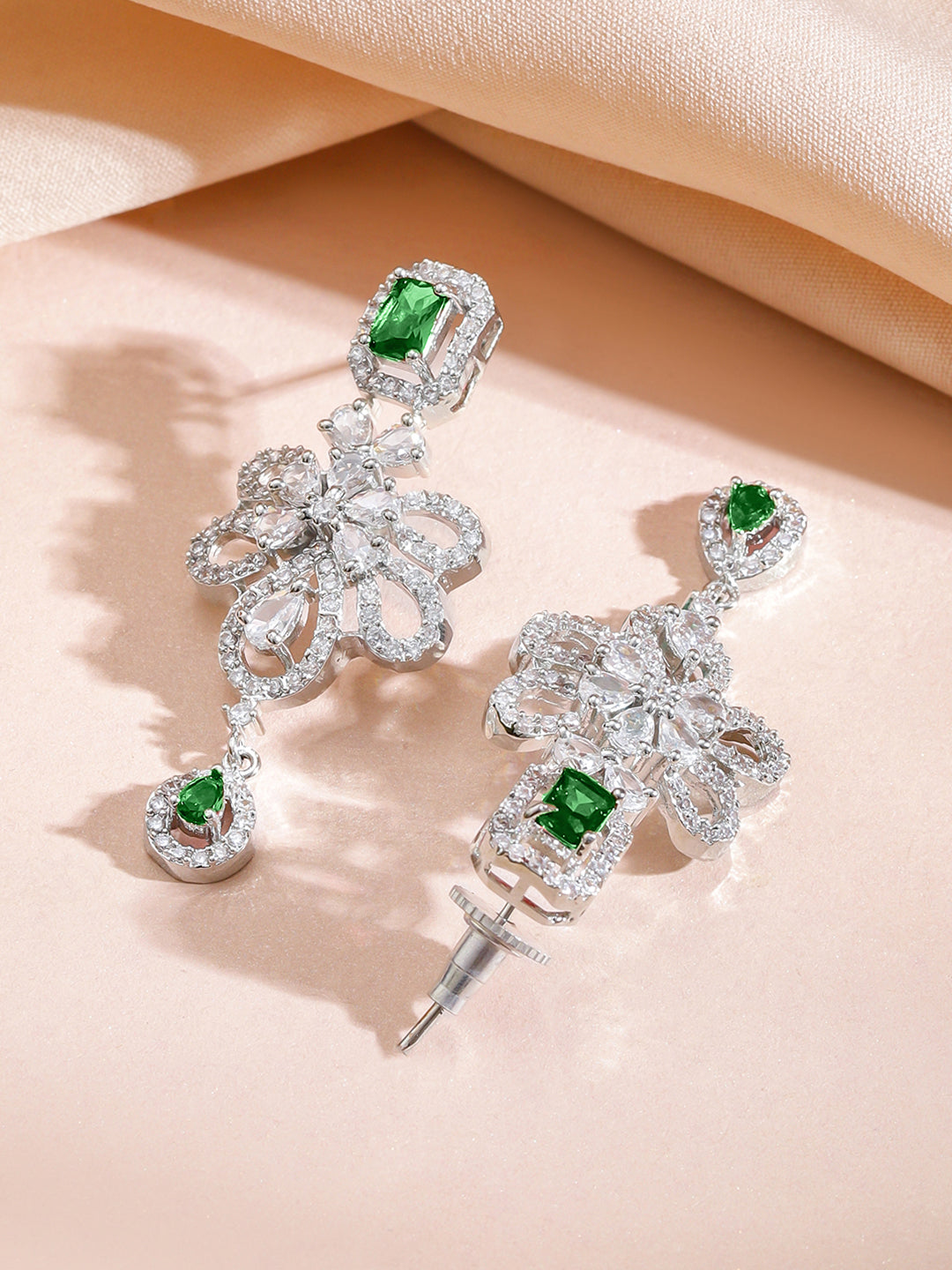 Green American Diamond Zirconia Floral Necklace Set フリーサイズ