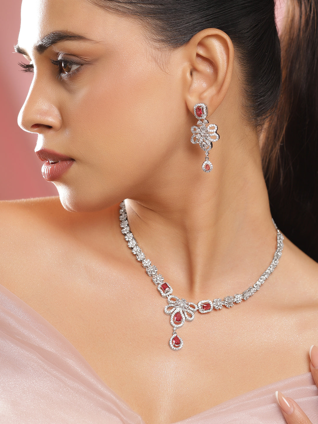 Red Studded American Diamond Zirconia Floral Necklace Set フリーサイズ