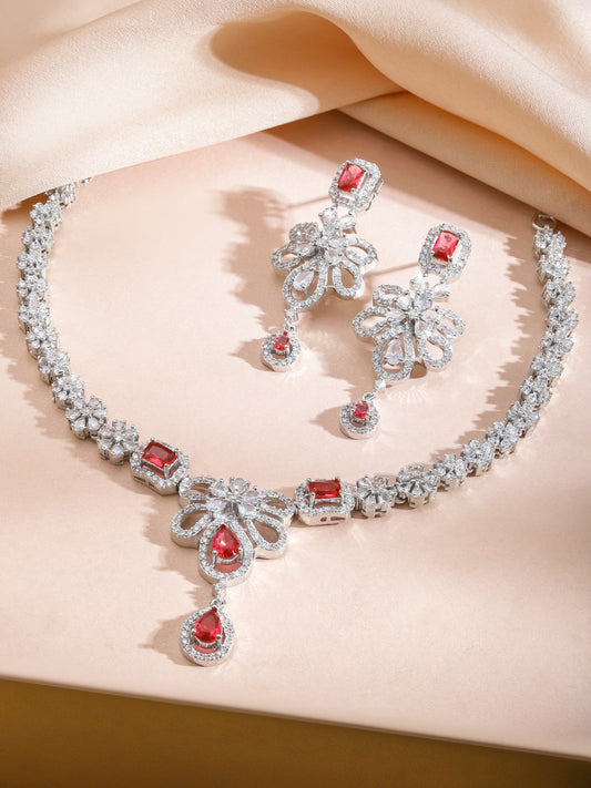 Red Studded American Diamond Zirconia Floral Necklace Set フリーサイズ