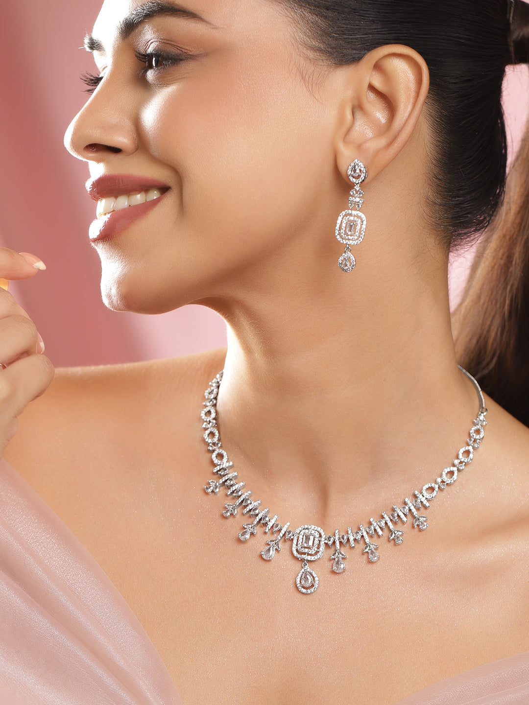 White American Diamond Zirconia Studded Necklace Set フリーサイズ