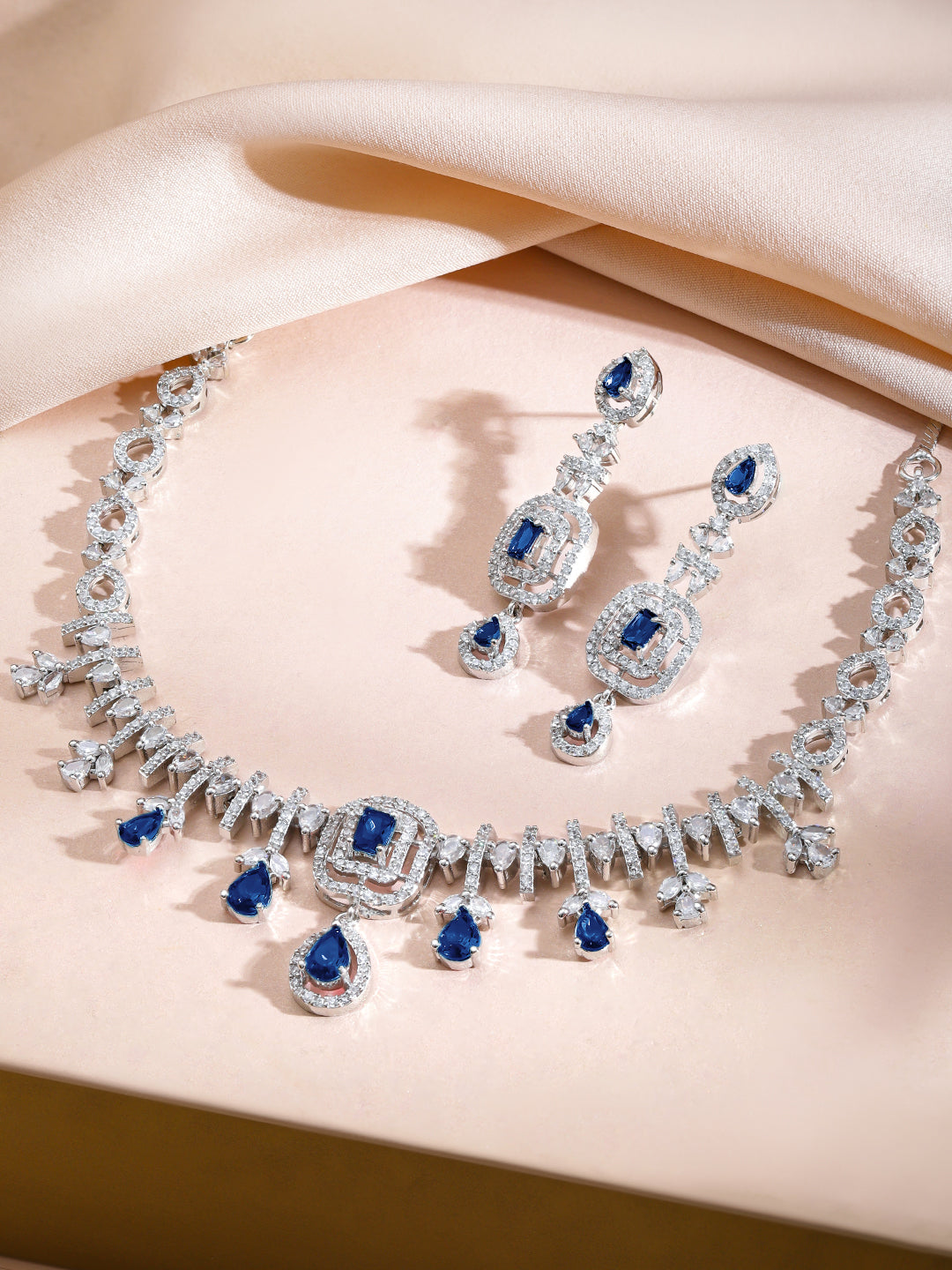 American Diamond Zirconia Blue Teardrop Necklace Set フリーサイズ