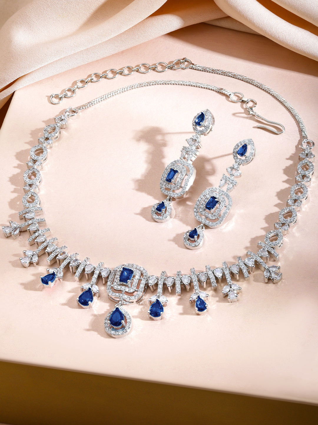 American Diamond Zirconia Blue Teardrop Necklace Set フリーサイズ