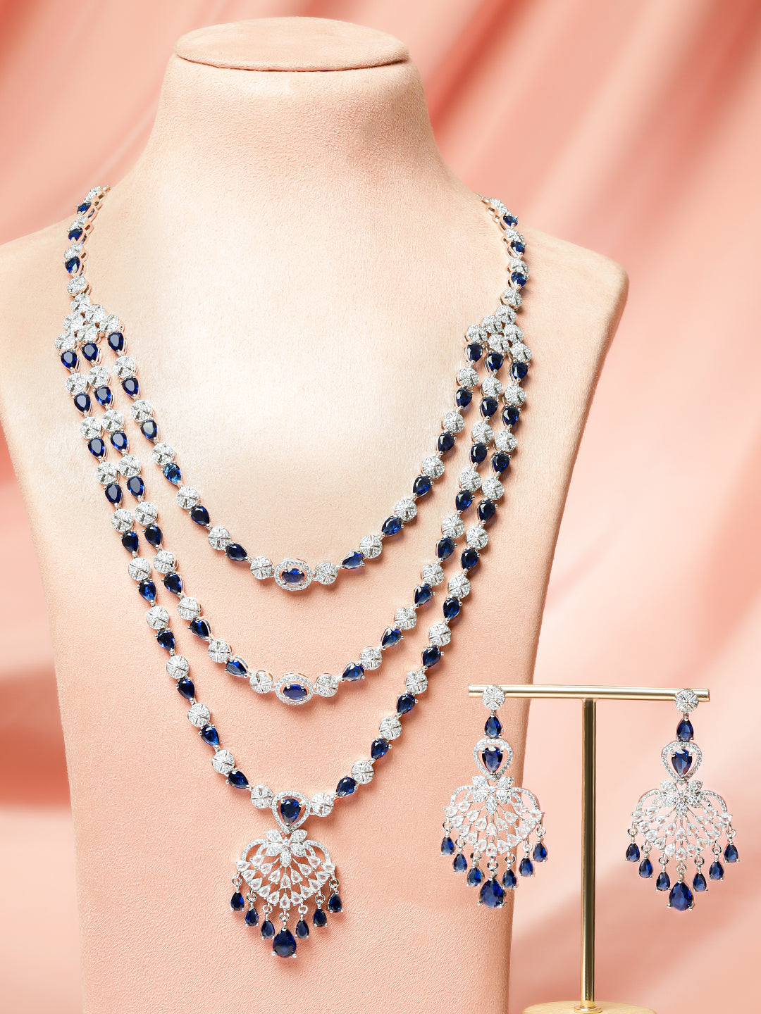 Blue Studded Triple Layered Necklace Set フリーサイズ