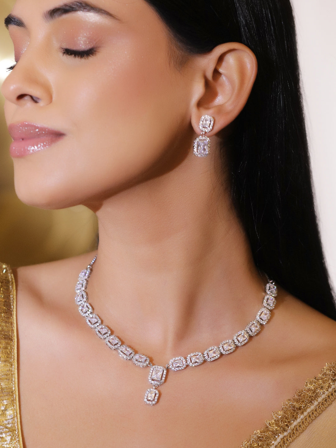 Forever Shine White American Diamond Zirconia Necklace Set フリーサイズ