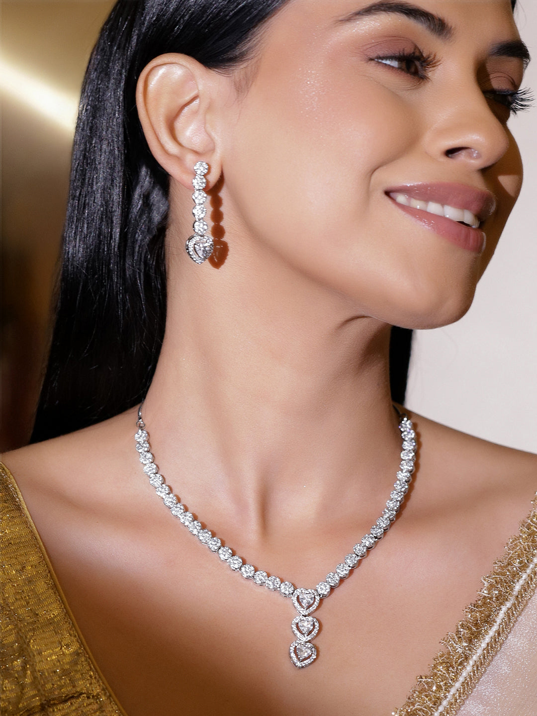 Heartline Shine American Diamond Necklace Set フリーサイズ