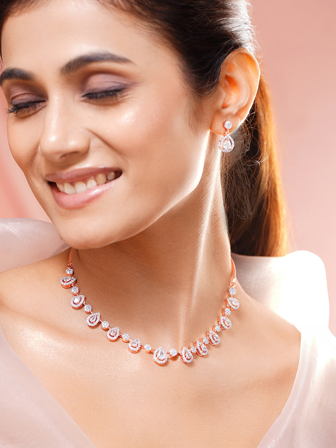 【Rubans】 Rose Gold Plated Cubic Zirconia Teardrop Choker Necklace Set｜ローズゴールドメッキ キュービックジルコニア ティアドロップ チョーカー ネックレスセット